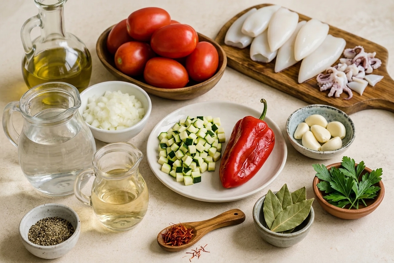 Bodegon de ingredientes necesarios para hacer los calmares rellenos, en los que se incluye pimiento, tomate, aceite, calamares, cebolla, calabacín y ajo