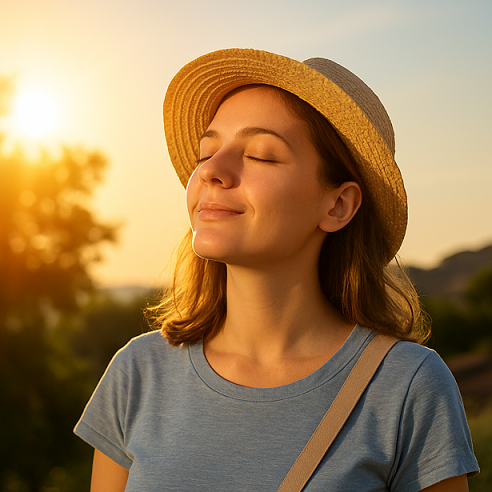 Chica con sombrero sonriente tomando el sol