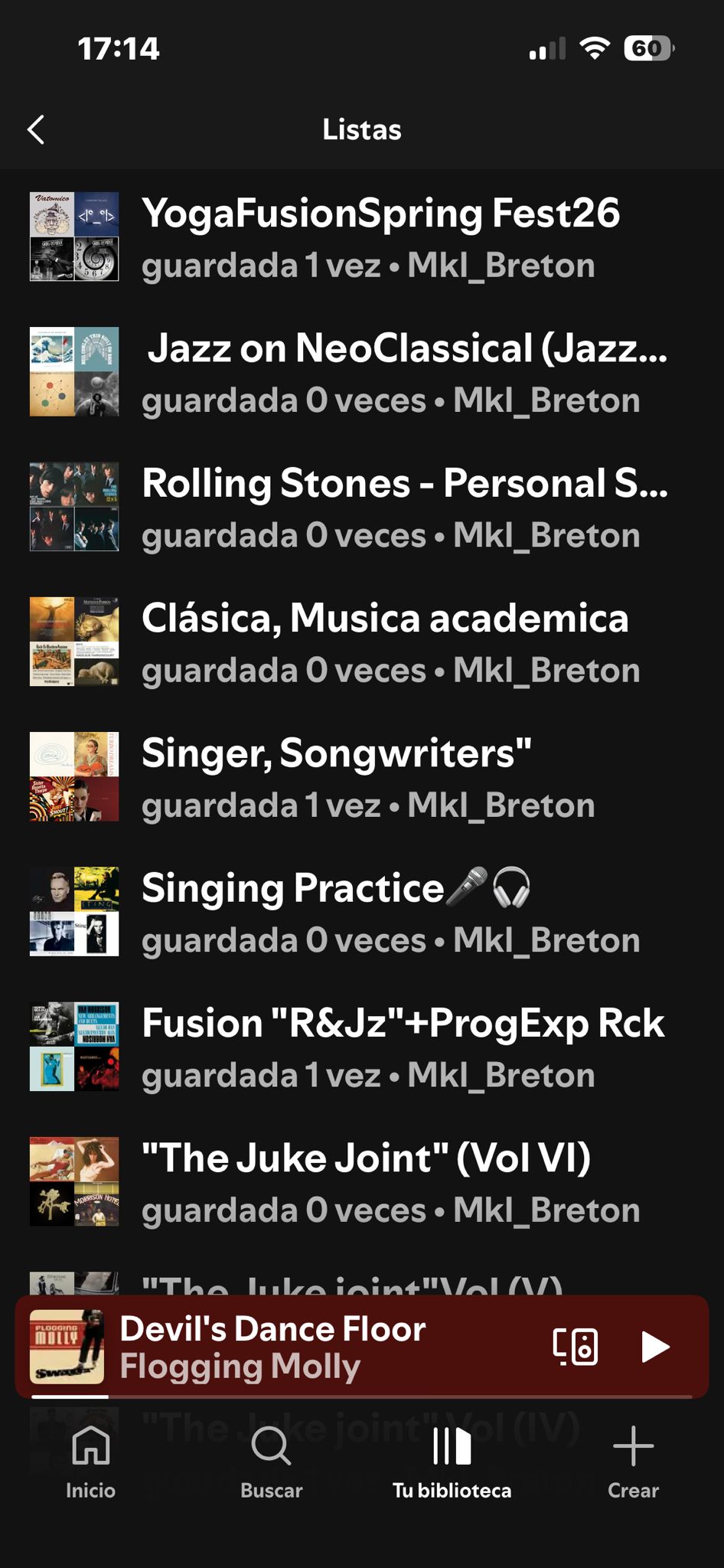 Playlist de Mkl_Breton en Spotify. Listas de música en Spotify creadas por un padre jubilado con estilos como jazz, rock y música clásica, ejemplo de playlist creativa para el Día del Padre