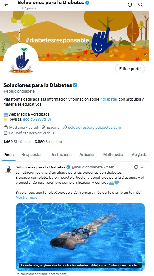 Captura de pantalla de la cuenta de TWITTER- X de Solucioenes para la diabeteshttps://x.com/soluciondiabete?lang=es 