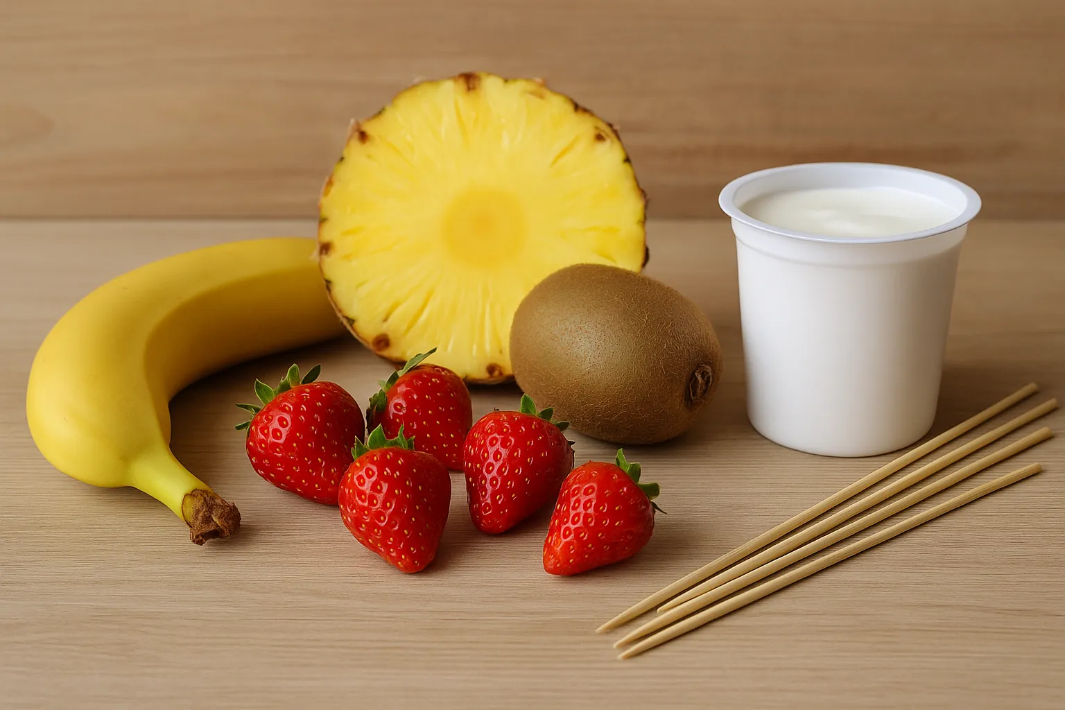 ingredientes de la receta de pinchos de plátanos, fresas y quiwi