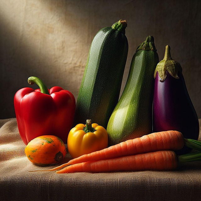 Bodegón que muestra pimiento rojo, calabacines, berenjenas y zanahorias. 