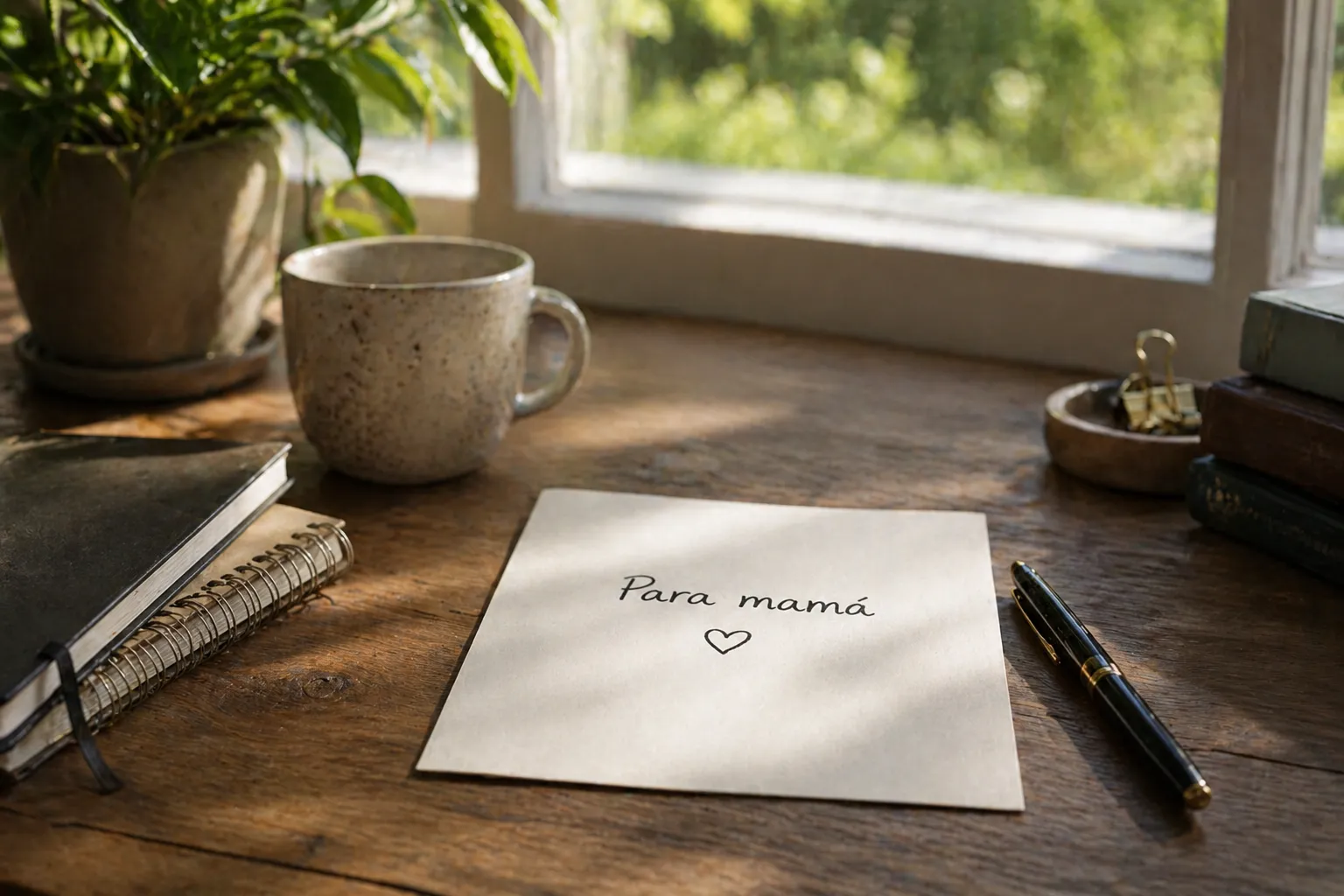 Carta del Día de la Madre relacionada con la diabetes sobre un escritorio con luz natural, ambiente cálido y emocional