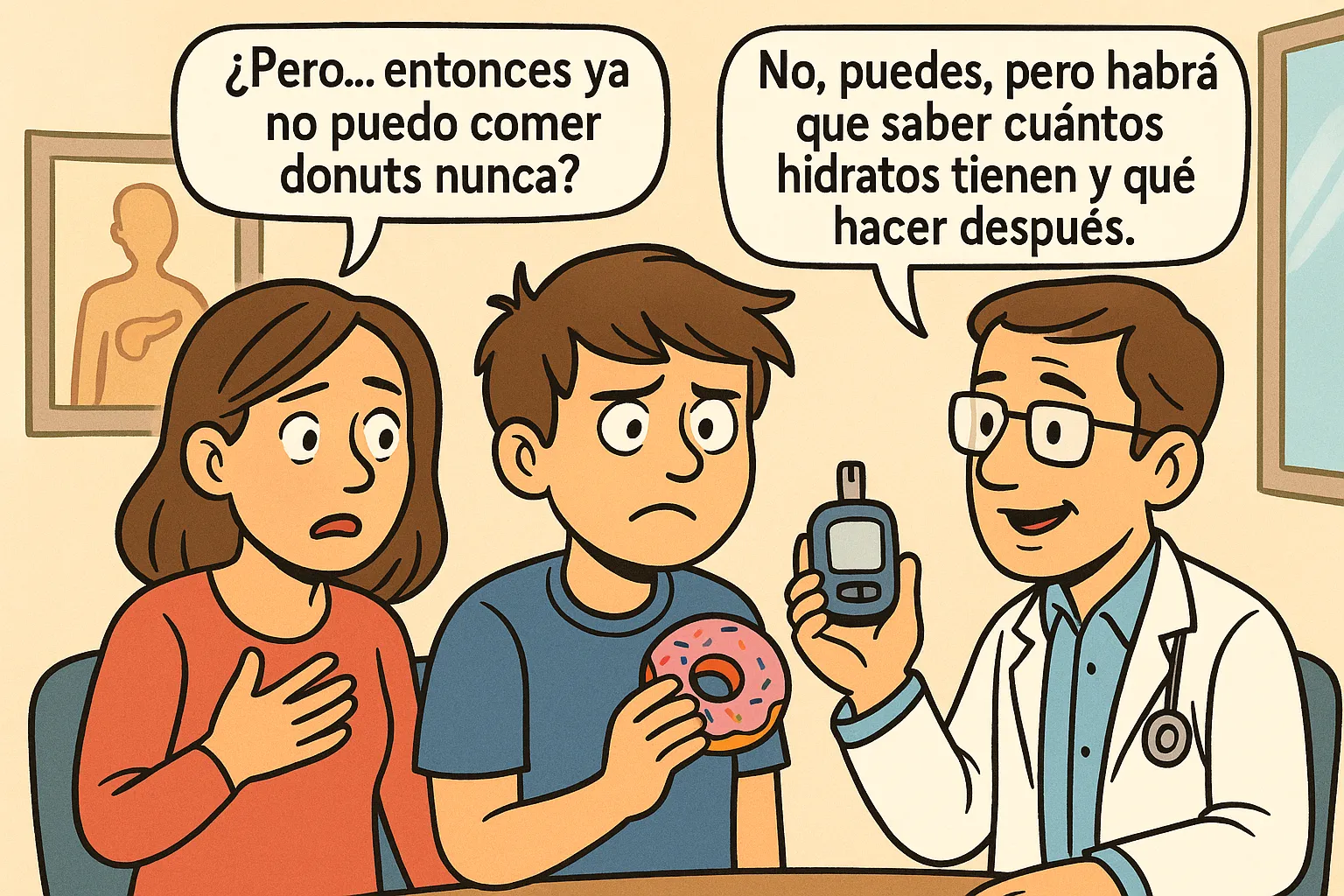 Viñeta humor una niña pregunta que si puede comer donuts ahora que tiene diabetes