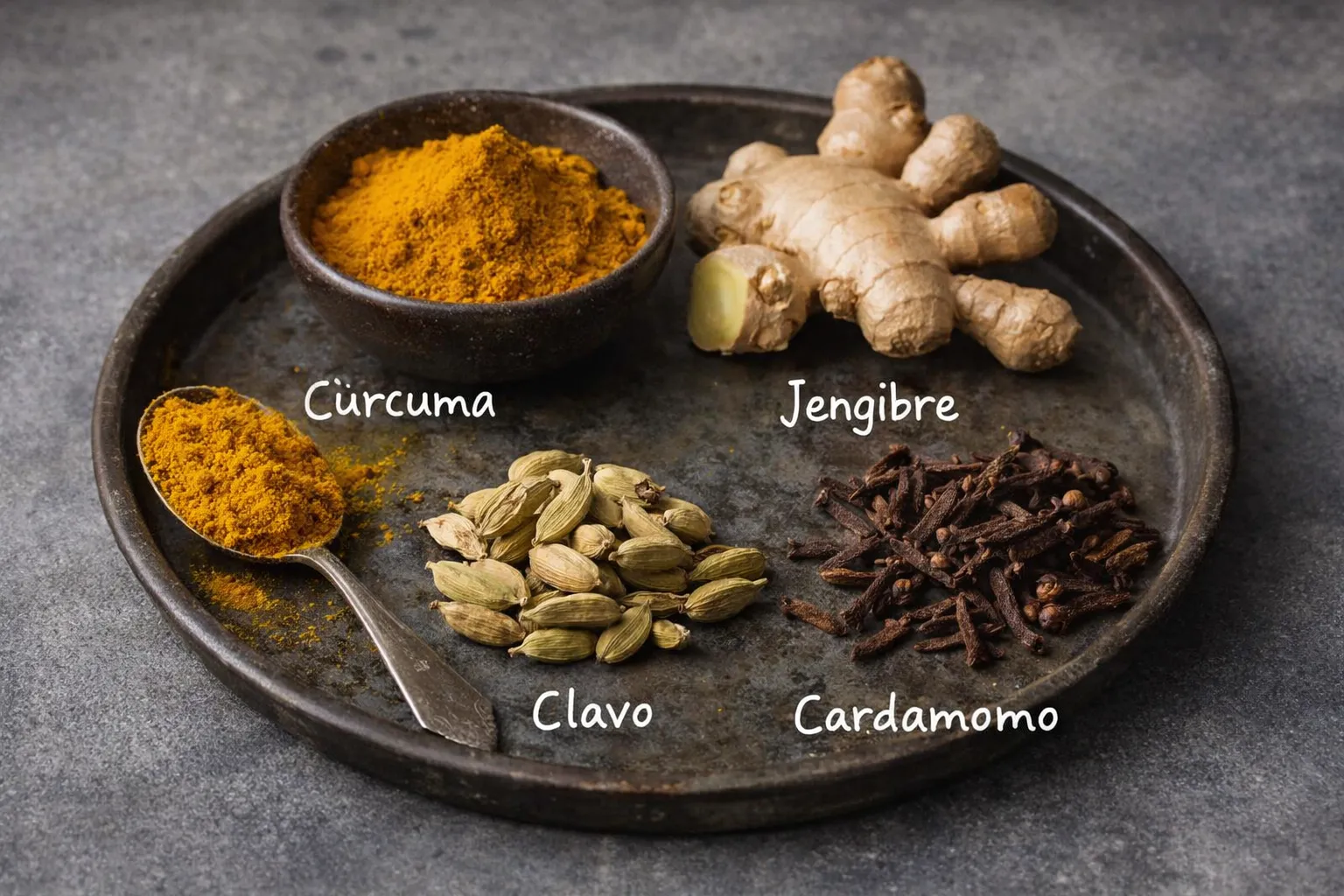 Bandeja con especias naturales: cúrcuma en polvo, raíz de jengibre fresco, clavo seco y vainas de cardamomo, dispuestas de forma visible para identificar cada ingrediente.