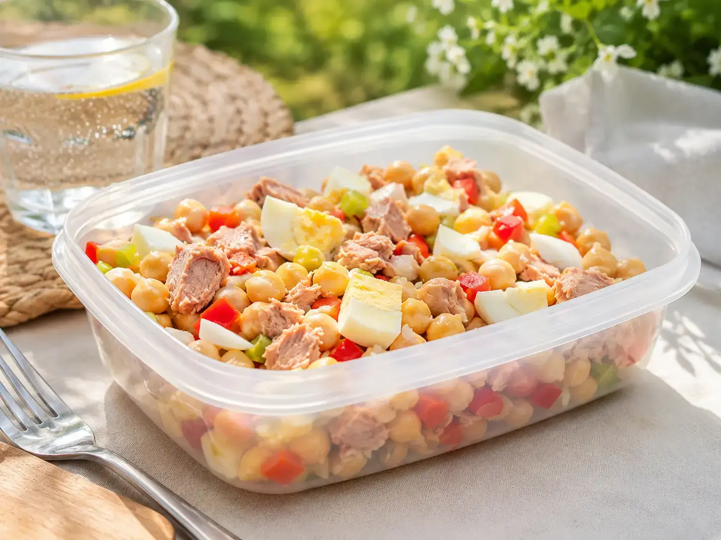 Tupper abierto con ensalada fría de garbanzos, atún, huevo duro y pimiento sobre una mesa de jardín con luz natural de verano