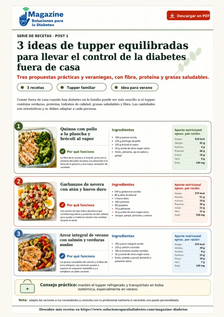 Infografía del Magazine Soluciones para la Diabetes con 3 ideas de tupper equilibradas para llevar el control de la diabetes fuera de casa: quinoa con pollo a la plancha y brócoli al vapor, garbanzos con atún y huevo duro, y arroz integral con salmón y verduras asadas, con ingredientes, aporte nutricional y consejo de conservación en verano.