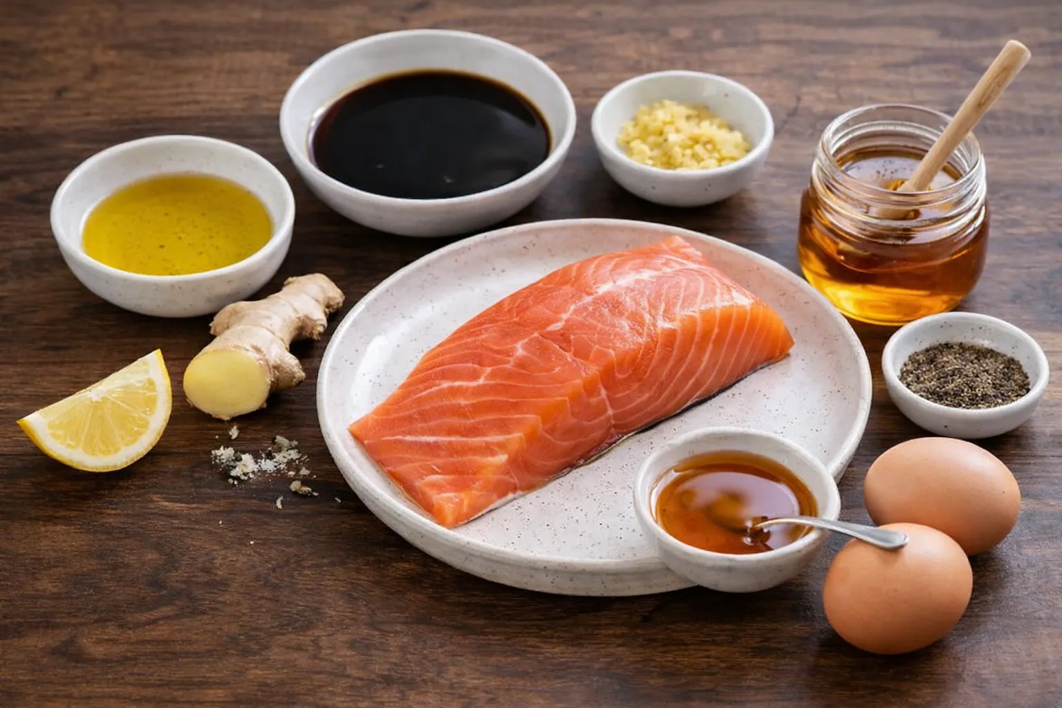 Vista cenital de los ingredientes para salmón glaseado: lomo de salmón fresco, miel, salsa de soja, aceite de oliva, limón, jengibre, sal y pimienta sobre mesa de madera.