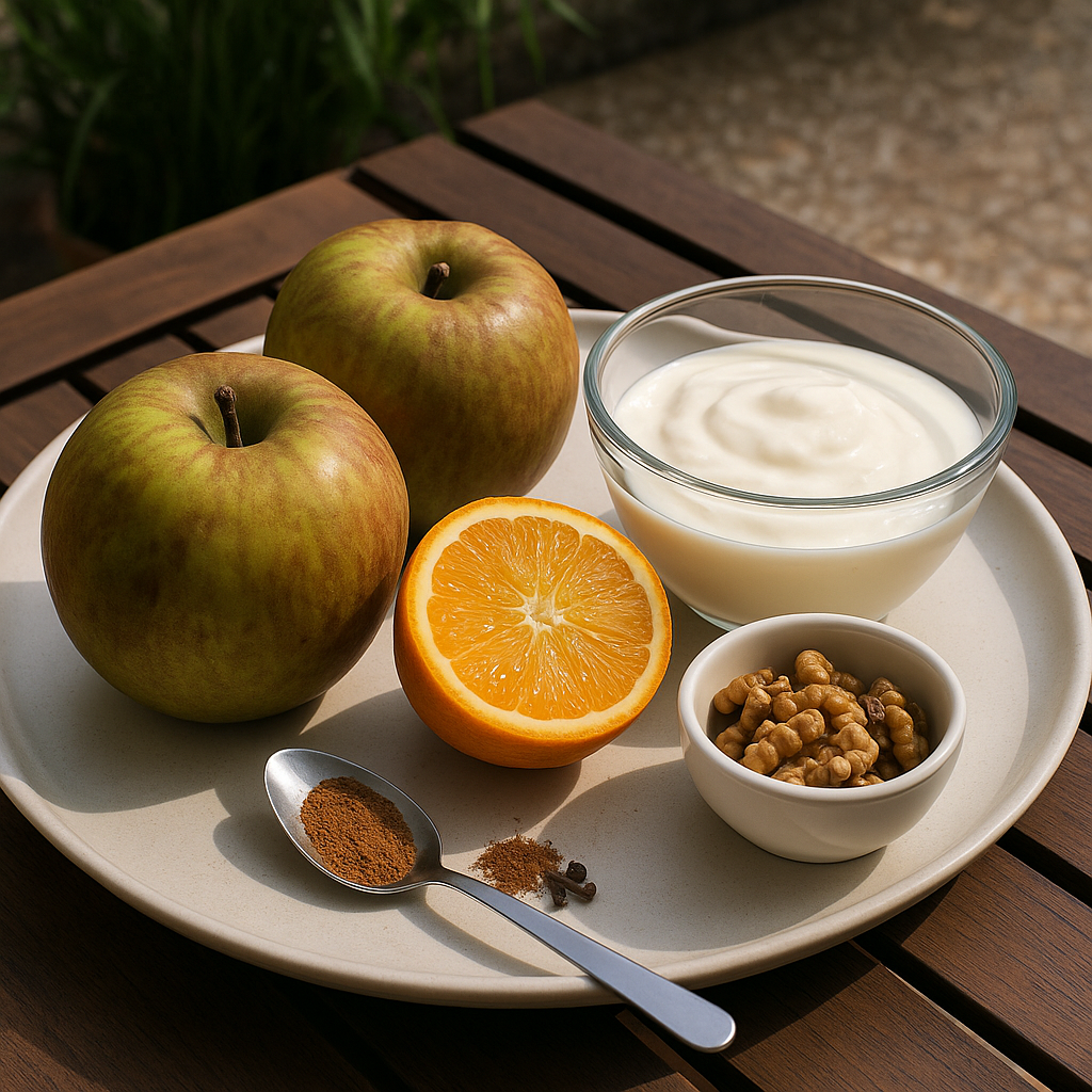 Plato sobre una mesa con los ingredientes-receta-manzanas-horno