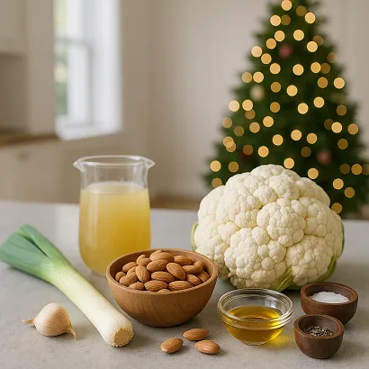 Ingredientes para la sopa de coliflor y almendras. Están dispueta sobre una mesa, con un árbol de Navida al fondo de la cocina o salón