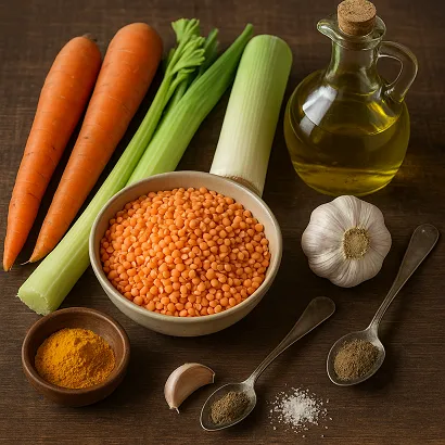 Ingredientes receta de sopa templada de lenteja roja y verduras