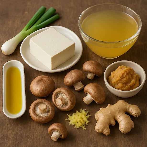 Ingredientes de la receta de sopa de miso y almendras. Estos ingredientes forman un bodegón, donde se muestra los alimentos que forman la receta