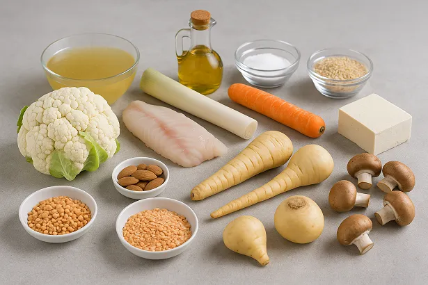 Ingredientes de la sopa de pescado y verduras, con coliflor, puerros, zanahorias, champiñones, chirivía,