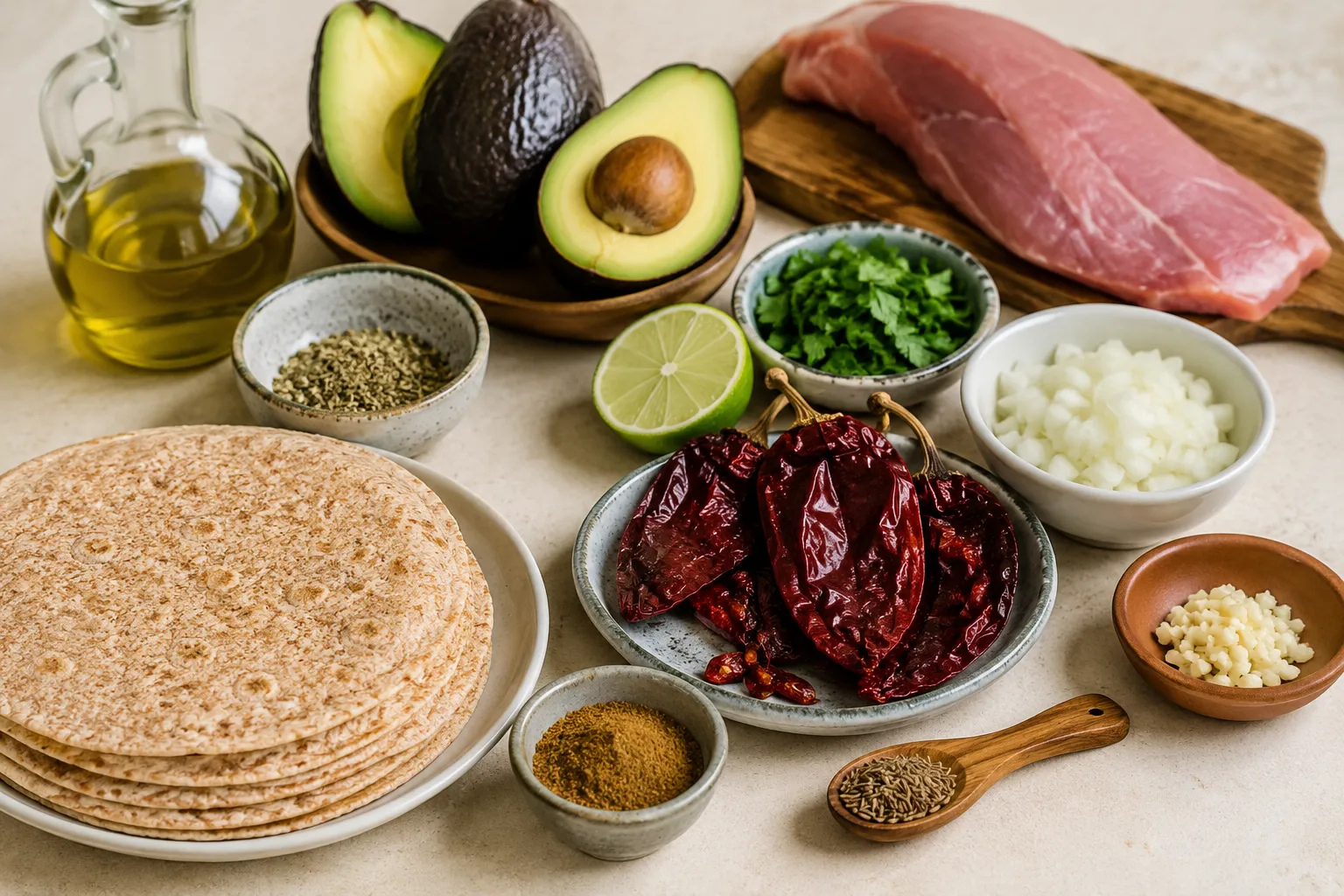 Ingredientes para preparar tortillas integrales con cerdo magro y guacamole en una receta para diabetes