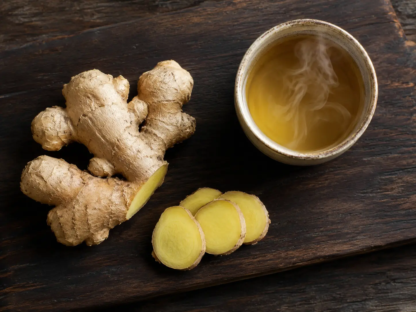Rizoma de jengibre fresco con rodajas cortadas y taza de té humeante sobre tabla de madera oscura.