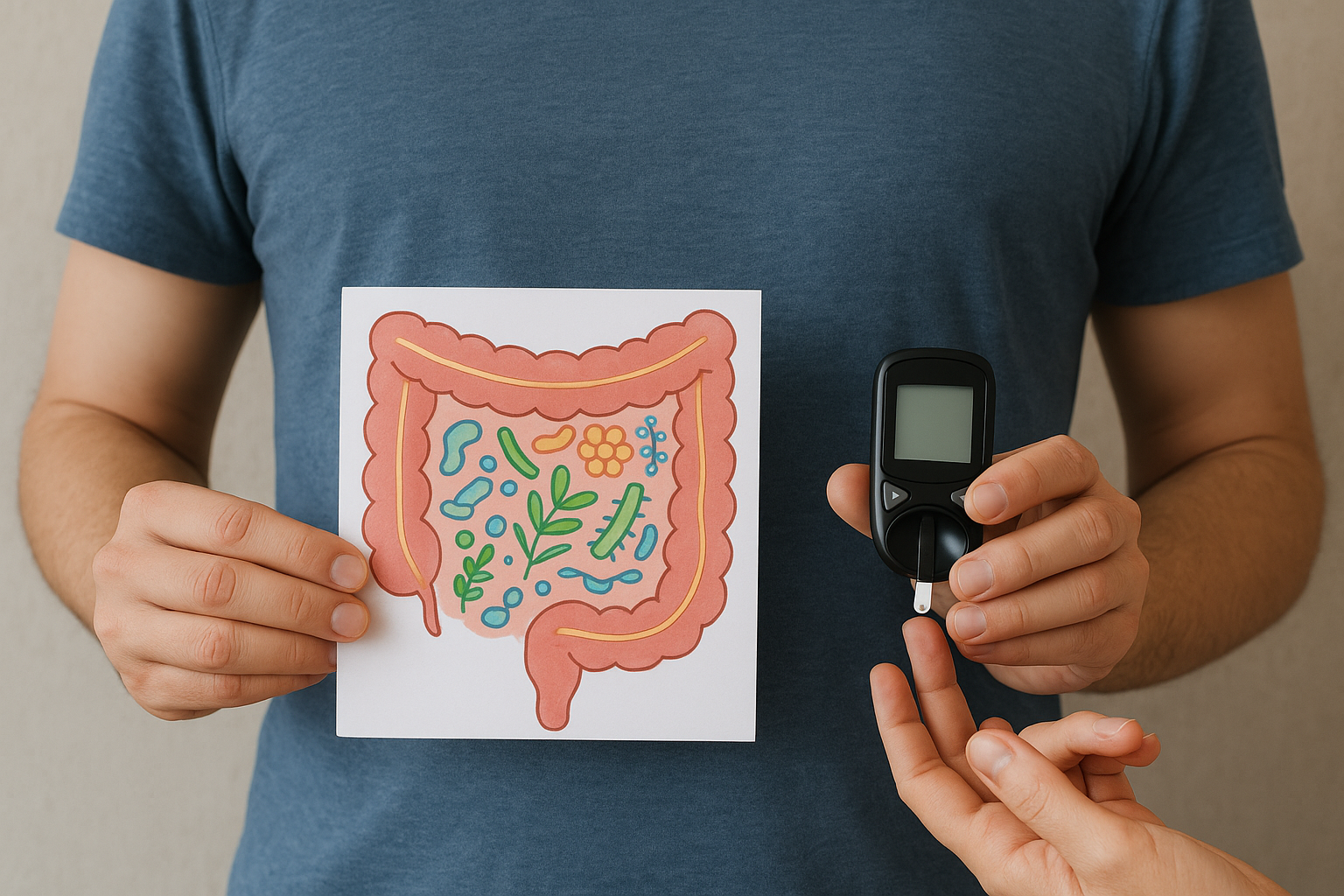 Persona midiendo glucosa con ilustración de intestino y microbiota