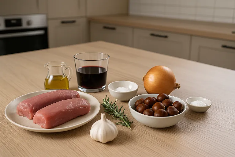ingredientes de la receta solomillo de cerdo relleno de castañas al vino tinto