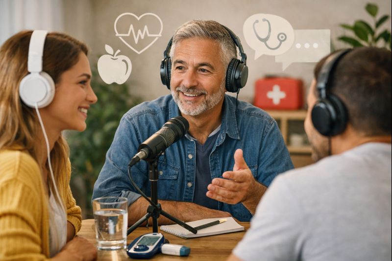 Un estudio de grabación de podcasts, con tres personas tertulianos, conversando ante micrófonos de forma amena y simpática. Hablan de temas de salud. 