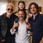 Cuatro generaciones de una familia —abuelo, padre, hijo y nieto— celebran el Día del Padre en el salón de casa mientras el padre lleva al niño sobre los hombros.