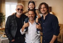 Cuatro generaciones de una familia —abuelo, padre, hijo y nieto— celebran el Día del Padre en el salón de casa mientras el padre lleva al niño sobre los hombros.