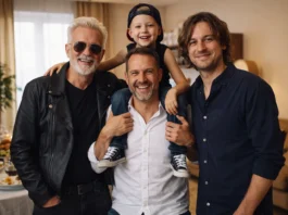 Cuatro generaciones de una familia —abuelo, padre, hijo y nieto— celebran el Día del Padre en el salón de casa mientras el padre lleva al niño sobre los hombros.