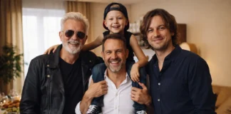 Cuatro generaciones de una familia —abuelo, padre, hijo y nieto— celebran el Día del Padre en el salón de casa mientras el padre lleva al niño sobre los hombros.