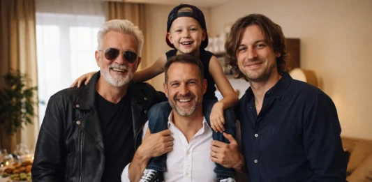 Cuatro generaciones de una familia —abuelo, padre, hijo y nieto— celebran el Día del Padre en el salón de casa mientras el padre lleva al niño sobre los hombros.