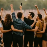 Cantantes-alegres-escenario-cantando-juntos