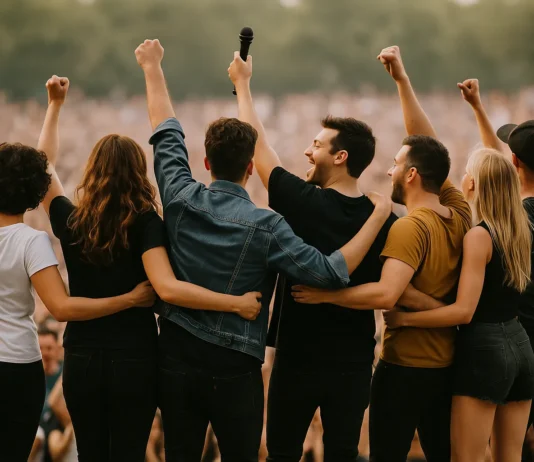 Cantantes-alegres-escenario-cantando-juntos