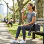 Ejercicio aeróbico y anaeróbico en diabetes: cómo influye cada disciplina en la glucemia Mujer tomando agua en un parque sentada en un banco público, después de hacer ejercicio