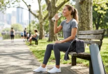 Ejercicio aeróbico y anaeróbico en diabetes: cómo influye cada disciplina en la glucemia Mujer tomando agua en un parque sentada en un banco público, después de hacer ejercicio