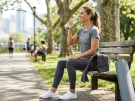 Ejercicio aeróbico y anaeróbico en diabetes: cómo influye cada disciplina en la glucemia Mujer tomando agua en un parque sentada en un banco público, después de hacer ejercicio