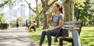 Ejercicio aeróbico y anaeróbico en diabetes: cómo influye cada disciplina en la glucemia Mujer tomando agua en un parque sentada en un banco público, después de hacer ejercicio