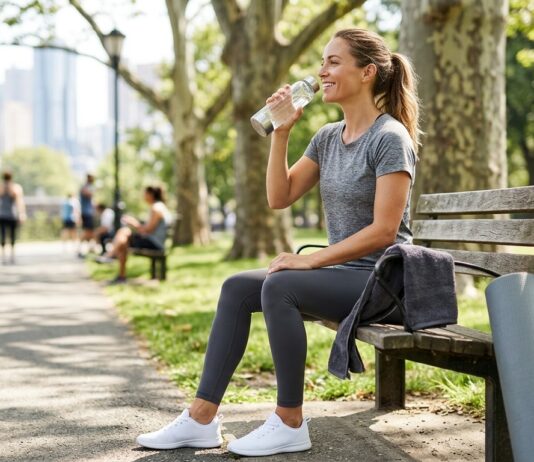Mujer tomando agua en un parque sentada en un banco público, después de hacer ejercicio