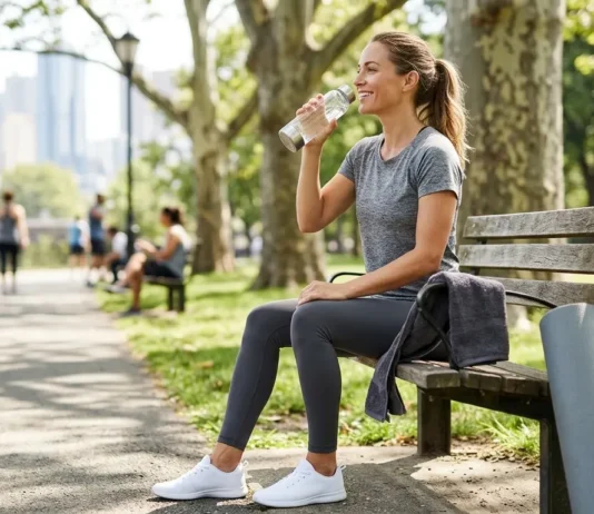 Ejercicio aeróbico y anaeróbico en diabetes: cómo influye cada disciplina en la glucemia Mujer tomando agua en un parque sentada en un banco público, después de hacer ejercicio