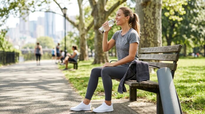 Mujer tomando agua en un parque sentada en un banco público, después de hacer ejercicio