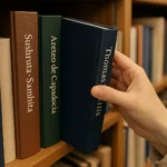 libreria donde se ve una mano extrayendo libros con el nombre en el lomo de los descubridores de la diabetes.