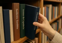 libreria donde se ve una mano extrayendo libros con el nombre en el lomo de los descubridores de la diabetes.