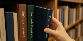 libreria donde se ve una mano extrayendo libros con el nombre en el lomo de los descubridores de la diabetes.
