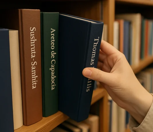 libreria donde se ve una mano extrayendo libros con el nombre en el lomo de los descubridores de la diabetes.