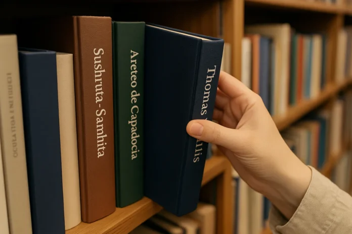 Libros-nombres-descubridores-diabetes libreria donde se ve una mano extrayendo libros con el nombre en el lomo de los descubridores de la diabetes.