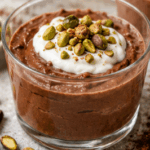 Mousse de chocolate y plátano con pistachos para diabetes Mousse de chocolate con plátano y pistachos servido en un vaso de cristal transparente