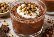 Mousse de chocolate con plátano y pistachos servido en un vaso de cristal transparente