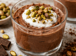 Mousse de chocolate con plátano y pistachos servido en un vaso de cristal transparente