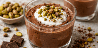 Mousse de chocolate con plátano y pistachos servido en un vaso de cristal transparente