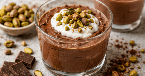 Mousse de chocolate y plátano con pistachos para diabetes Mousse de chocolate con plátano y pistachos servido en un vaso de cristal transparente