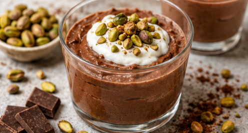 Mousse de chocolate con plátano y pistachos servido en un vaso de cristal transparente
