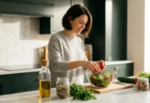Diabetes e hipertensión arterial: claves nutricionales para el cuidado cardiovascular Mujer preparando una ensalada de lechuga y tomates cherry