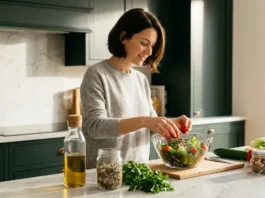 Diabetes e hipertensión arterial: claves nutricionales para el cuidado cardiovascular Mujer preparando una ensalada de lechuga y tomates cherry