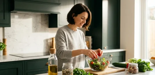 Mujer preparando una ensalada de lechuga y tomates cherry